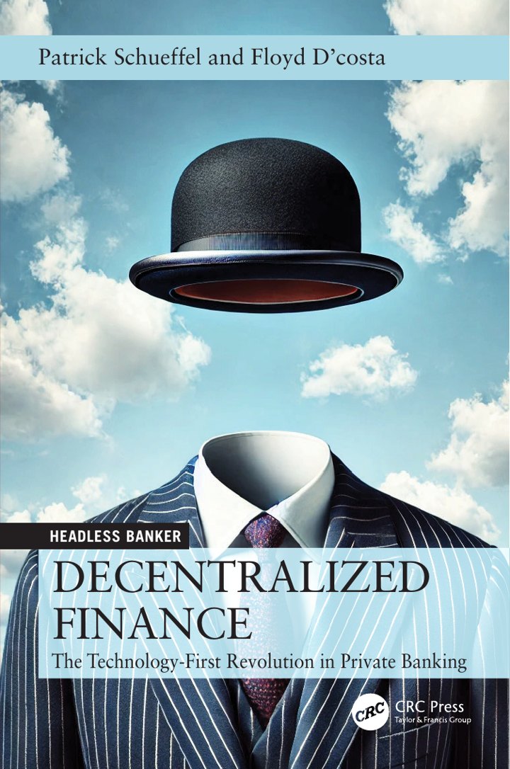 Decentralized Finance book cover — a pinstripe suit and floating bowler hat against a blue sky